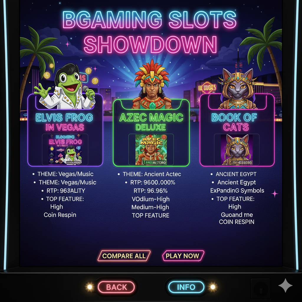 BGaming слоттарын салыстыру: Elvis Frog, Aztec Magic, Book of Cats