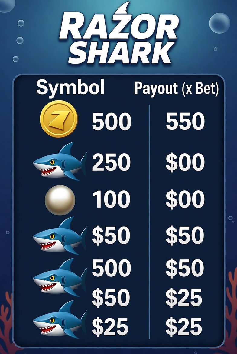 Таблица выплат Razor Shark с изображением символов акул и их коэффициентов