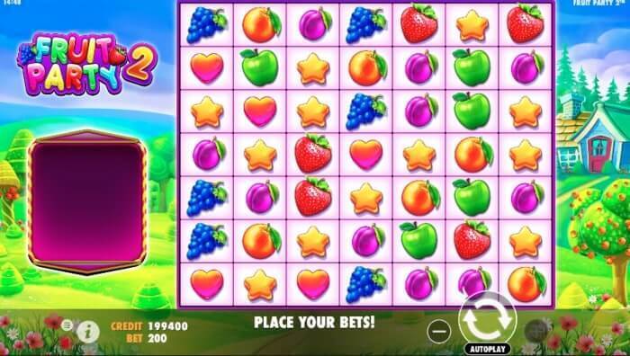 Интерфейс игрового автомата Fruit Party 2 с фруктовыми символами и мультипликаторами