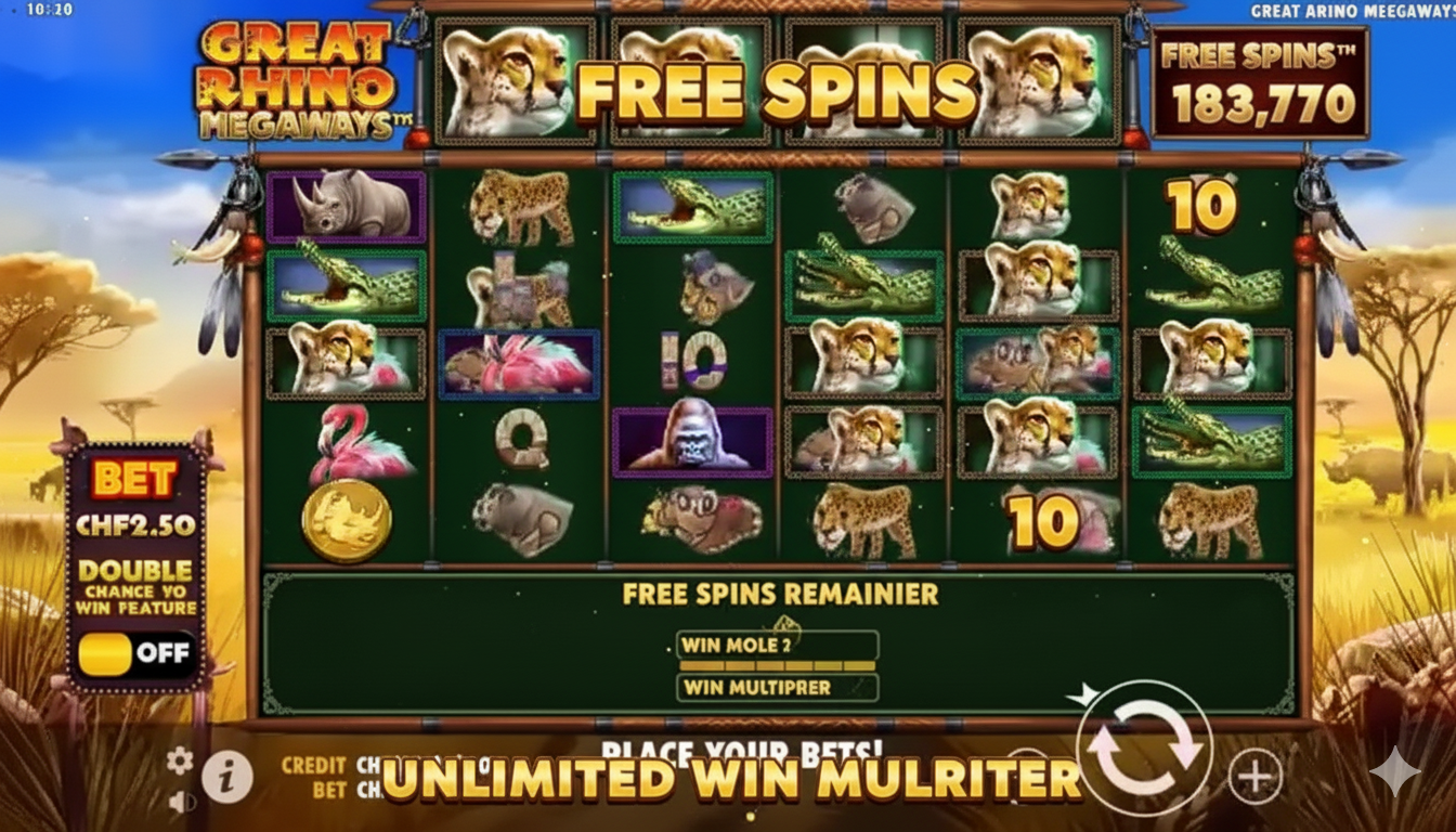 Great Rhino Megaways'dagi bepul aylantirishlar bonus raundi