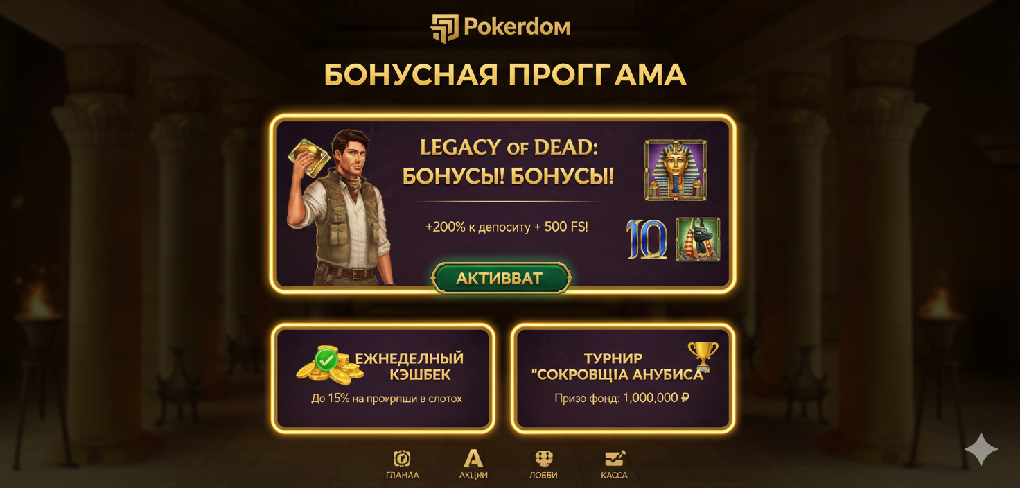 Pokerdom bonus program interface with promotions for the Legacy of Dead slot